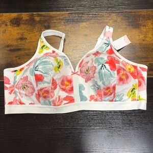 NWT Cacique 48D Lightly‎ Lined No-Wire Bra White Floral Wireless Plus Size 48 D